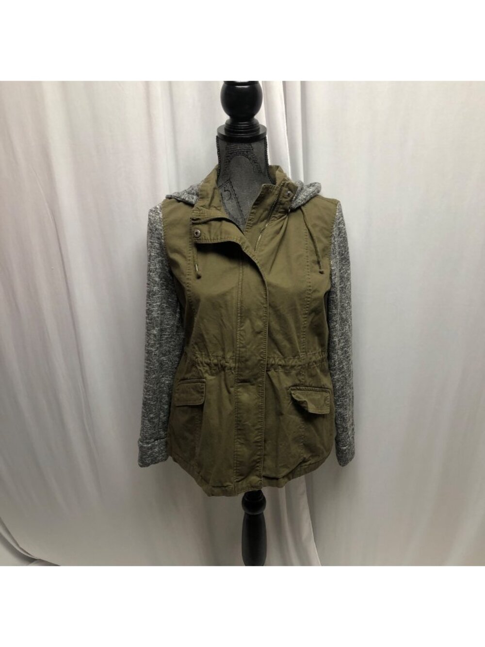 Love Tree Utility Jacket Womens Size Large Olive Green Gray Hooded Long Sleeve